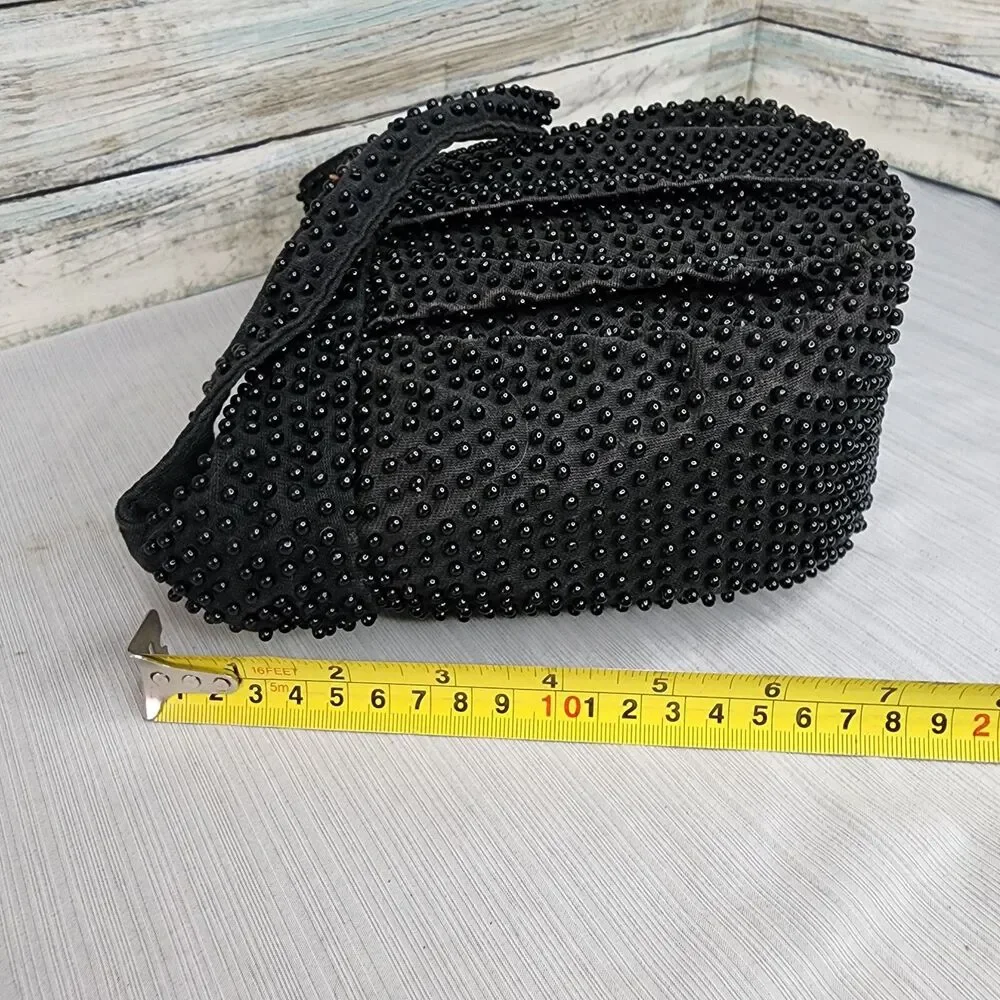 Vintage Plastic Beaded Bag Pleated Satchel Crescent Black Zippered Closure
